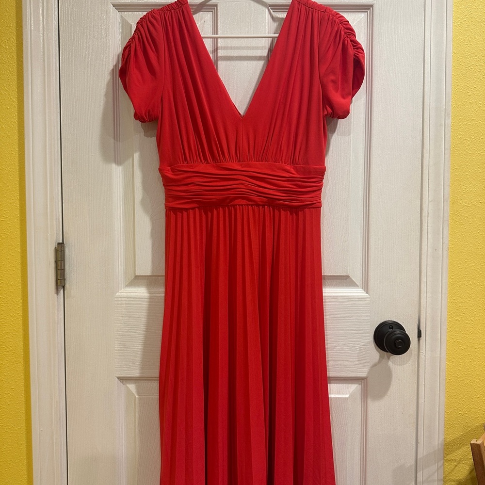 Suzi Chin for Maggy Boutique Red Ruched V-Neck Dress